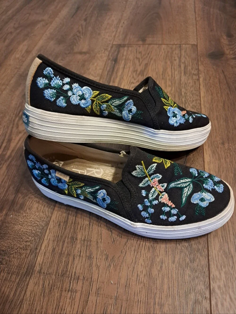Keds Rifle Paper Co. Black Slip-On Sneakers with Blue Floral Embroidery